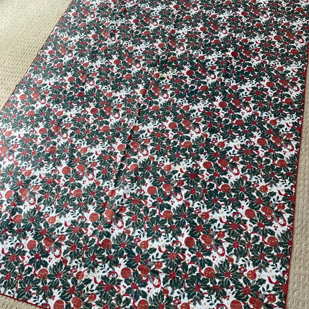 Christmas tablecloth cream red green holly & ornaments festive traditional cloth